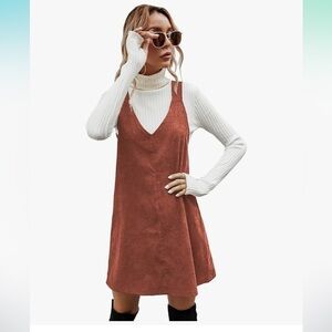 Corduroy V-Neck Overall Dress in Rust Brown